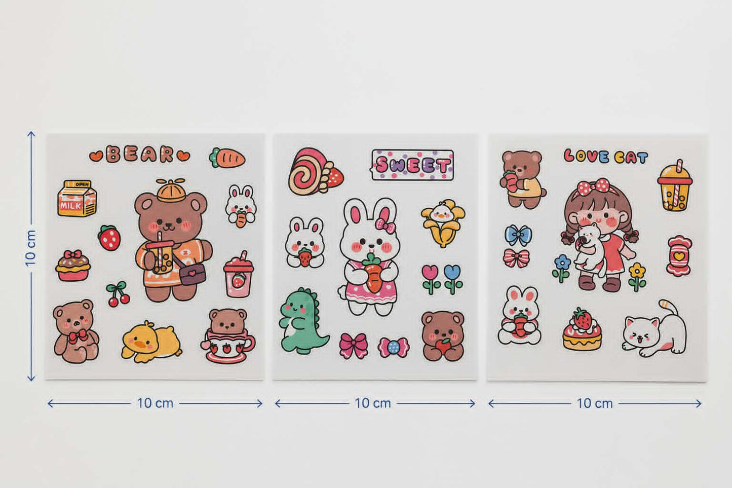 Lot de 3 feuilles d'autocollants Kawaii - Petit ourson, Petit Lapin & petite fille cute 10x10