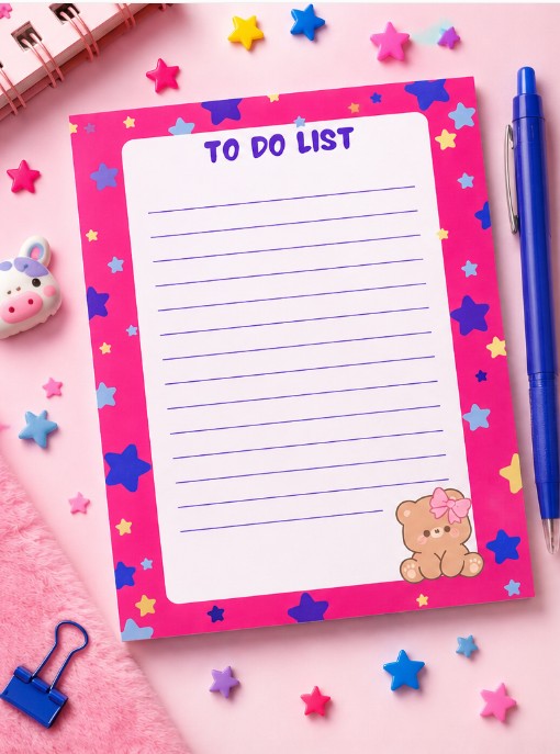 Bloc-Notes 4.25 x 5.5 Rose pour To Do List, avec étoiles et petit chat kawaii