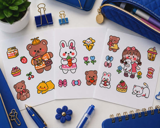 Lot de 3 feuilles d'autocollants Kawaii - Petit ourson, Petit Lapin & petite fille cute 10x10