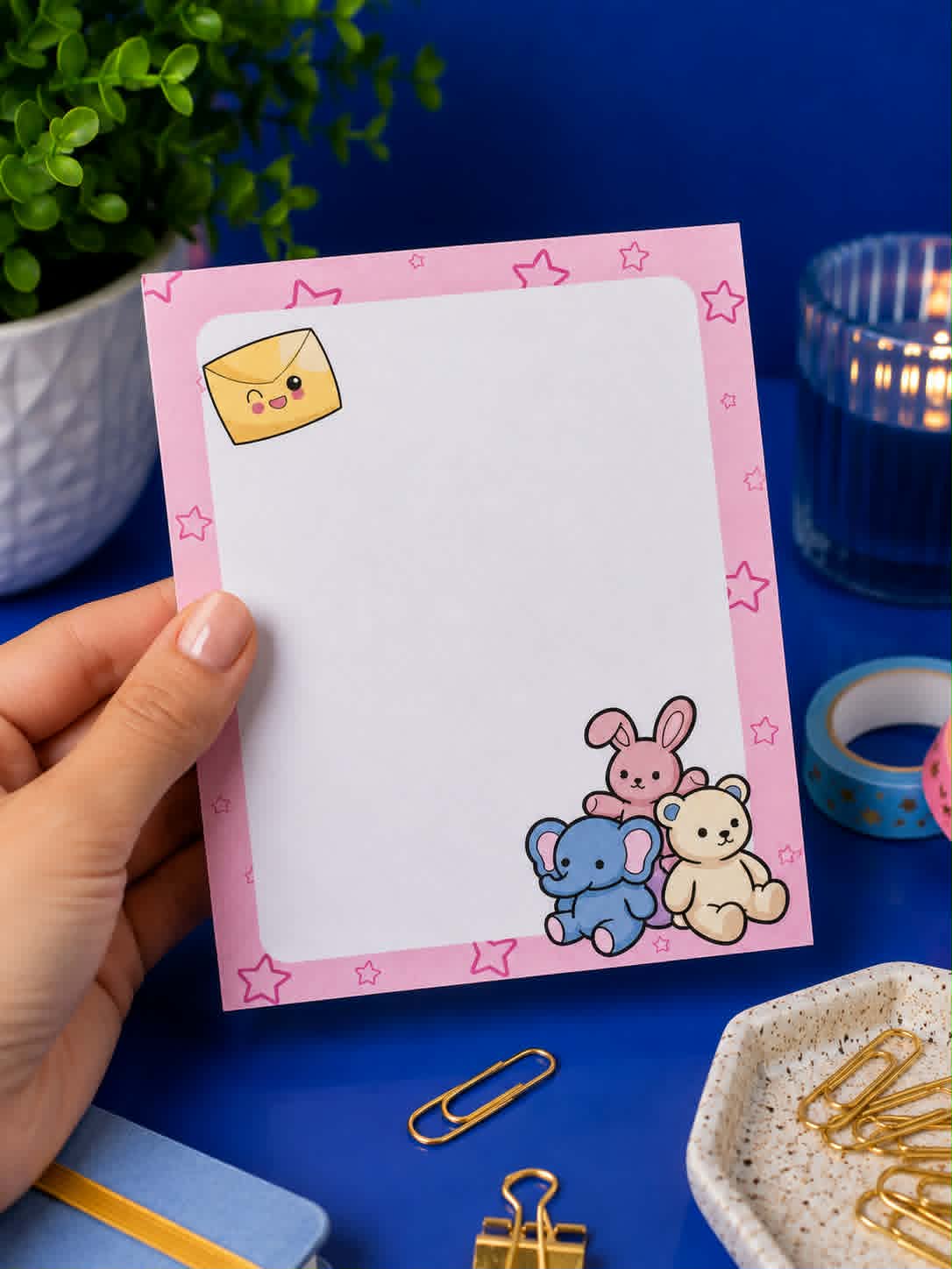 Bloc-notes kawaii 4x5 - Lapin, ourson et éléphant - Papetrie 50 pages mignonne - Bloc de notes pastel - Cadeau pour amoureux de papeterie