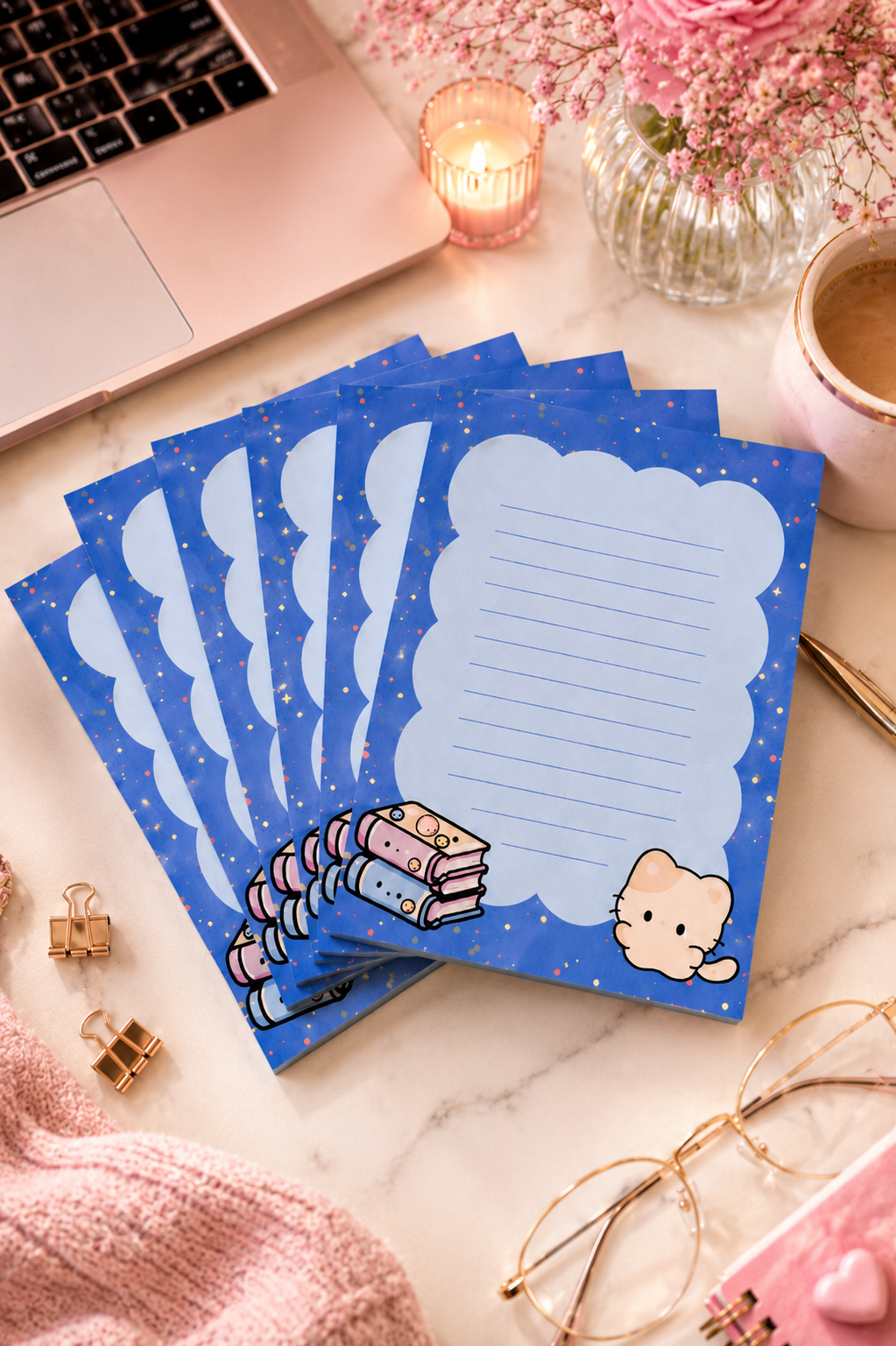 Bloc-notes bleu avec petit ourson kawaii 4x5.5