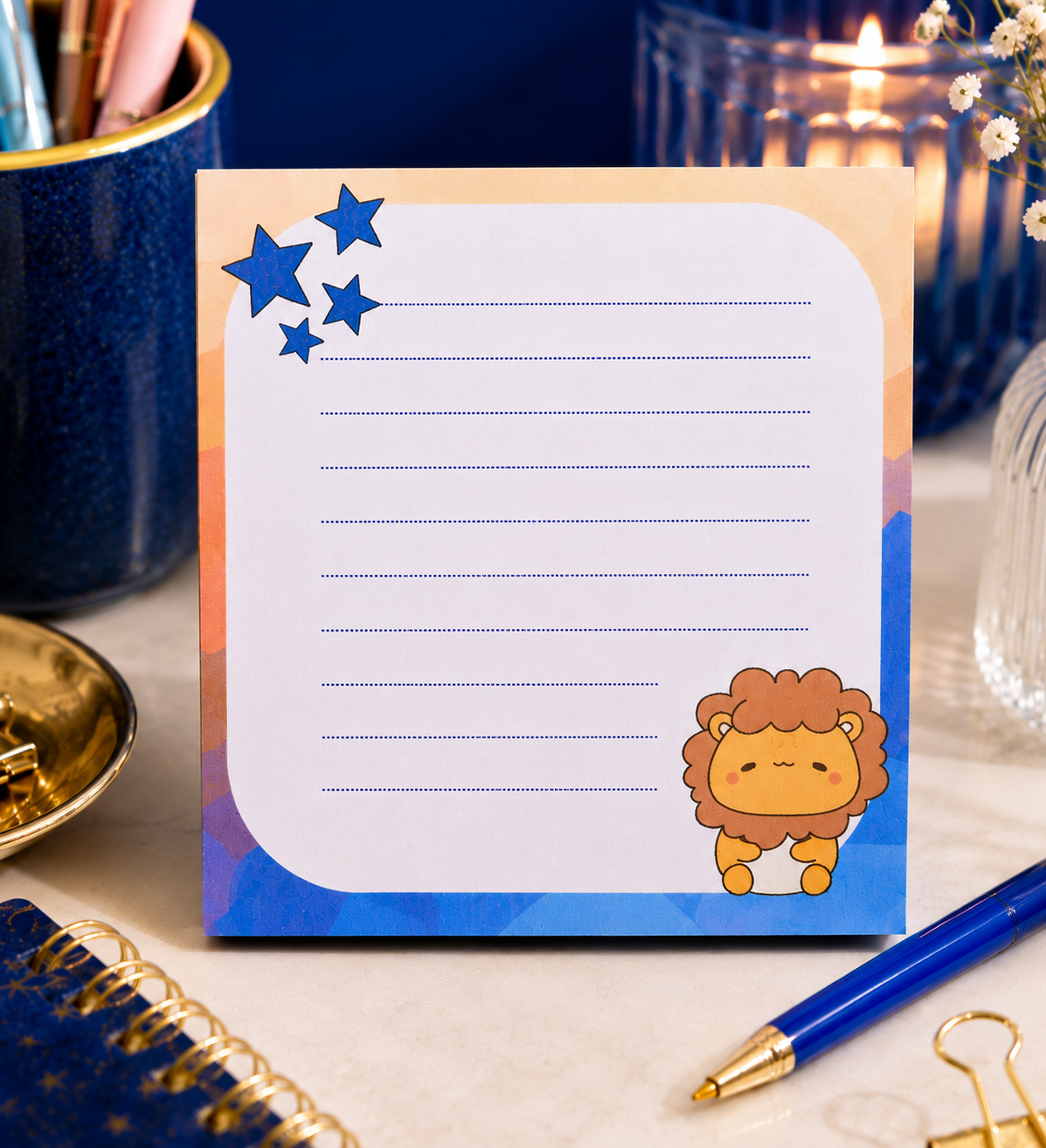 Bloc-notes Lion Kawaii et petites étoiles –  3x3 po | 50 feuilles