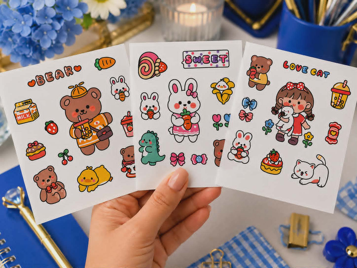 Lot de 3 feuilles d'autocollants Kawaii - Petit ourson, Petit Lapin & petite fille cute 10x10