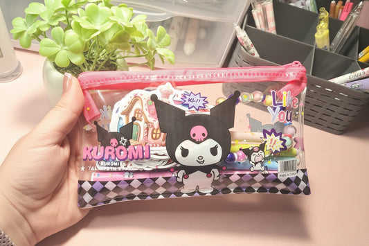 Kuromi Transparent Zipper Pencil Case – Cute Kawaii Stationery Pouch 🌈
