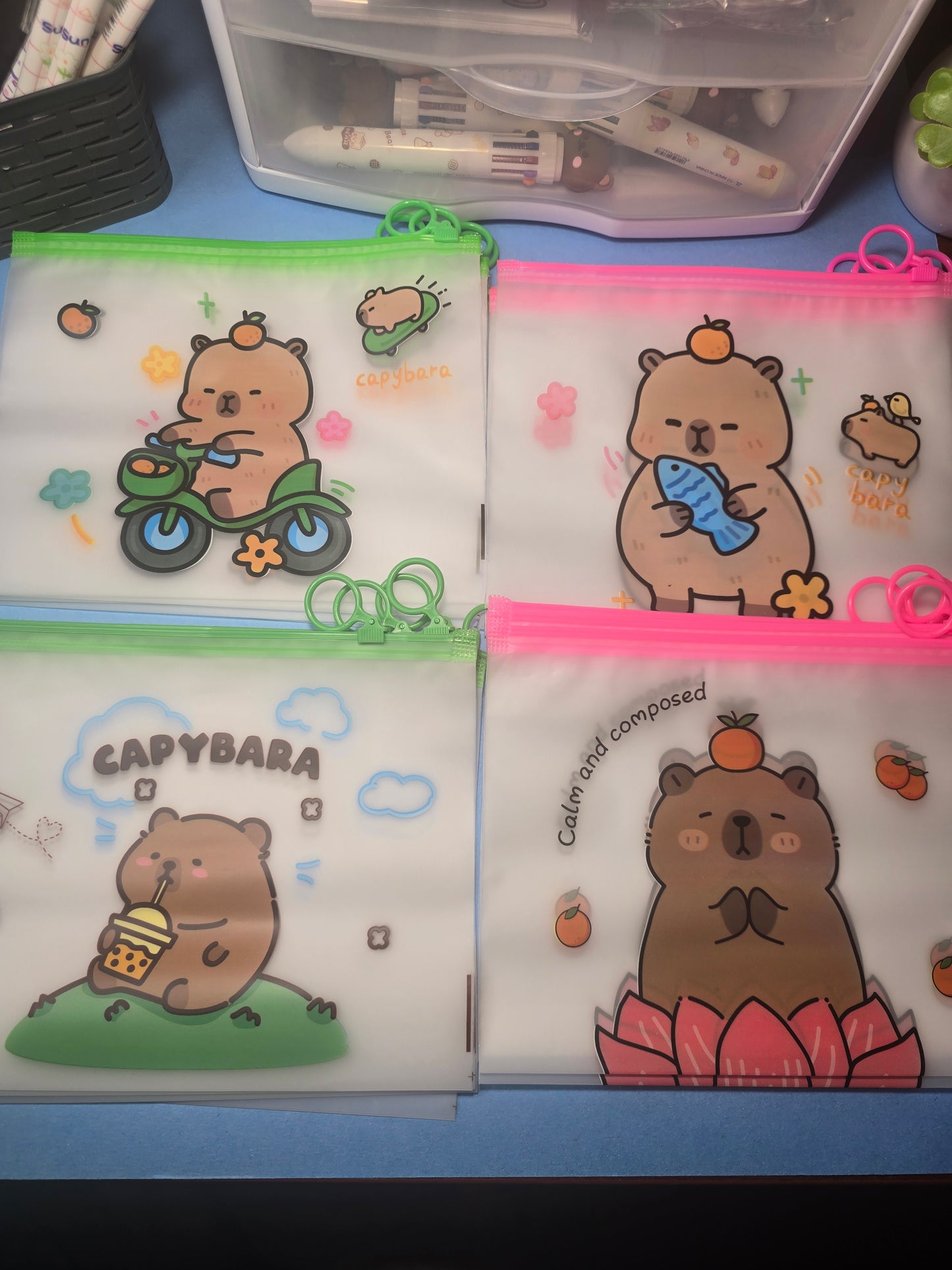 Pochette de classe en PVC Capybara Cartoon, 1x au hasard (6.7 x 8.3 po) Sac de rangement givré pour documents et papetrie adapté à un usage de bureau. ✨️
