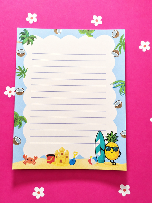 Bloc-notes Tropical Plage et Ananas 🌴🍍 kawaii | 4 × 5.25 po – Mémo 50 feuilles lignées