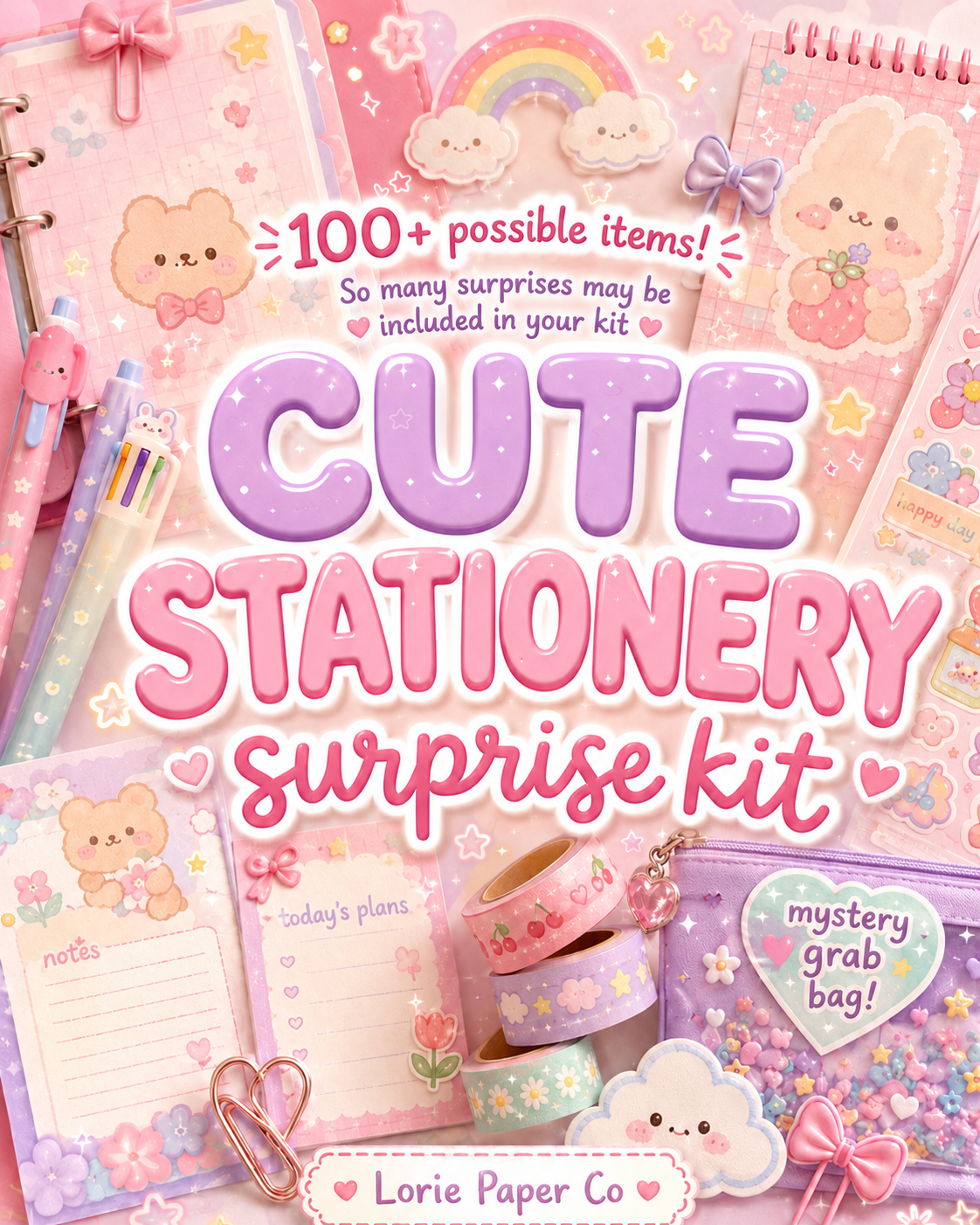 Cute Stationery Surprise Kit – Kawaii Mystery Grab Bag, Random Notepads, Pens, Stickers & Gifts