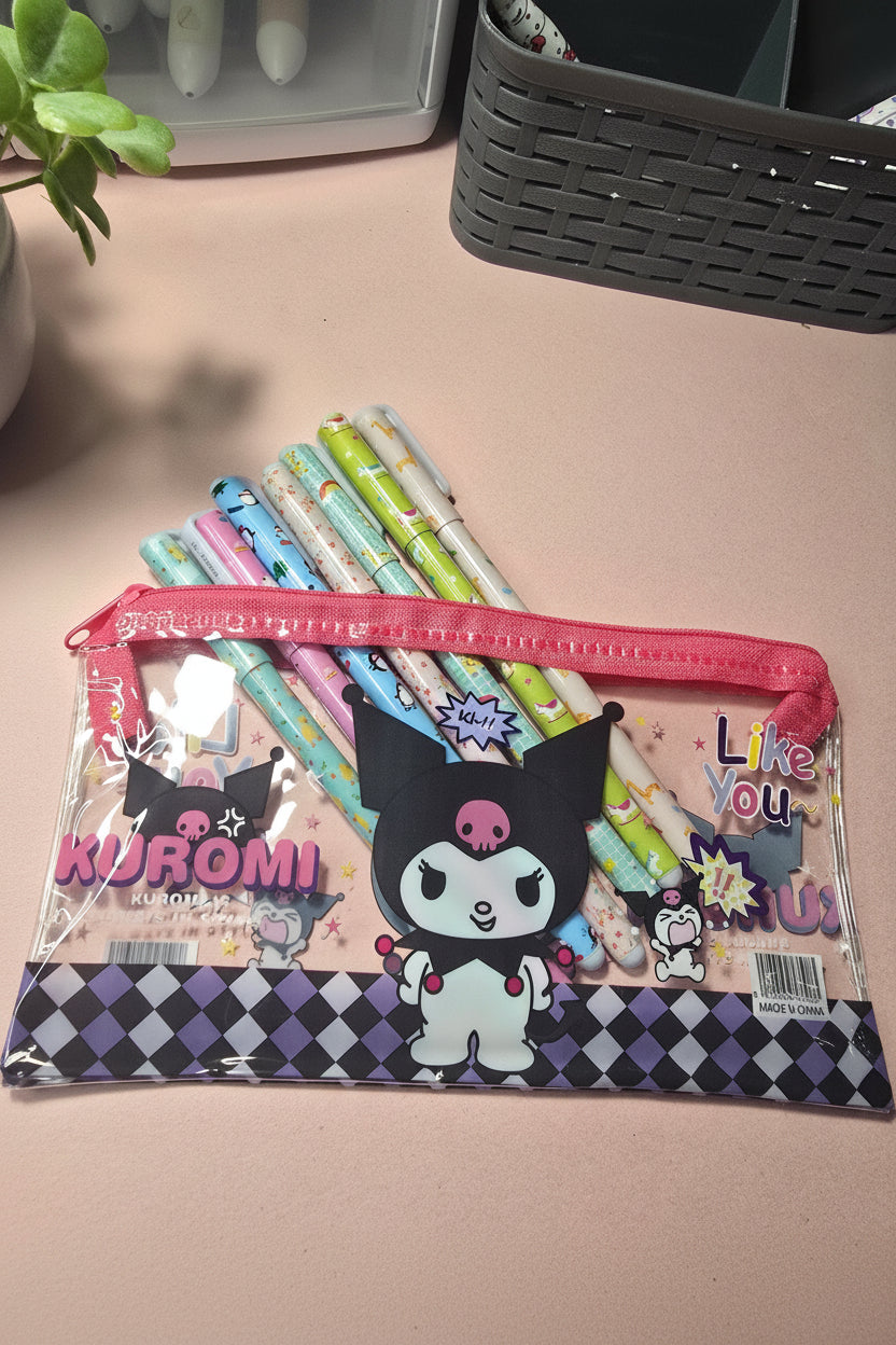 Kuromi Transparent Zipper Pencil Case – Cute Kawaii Stationery Pouch 🌈