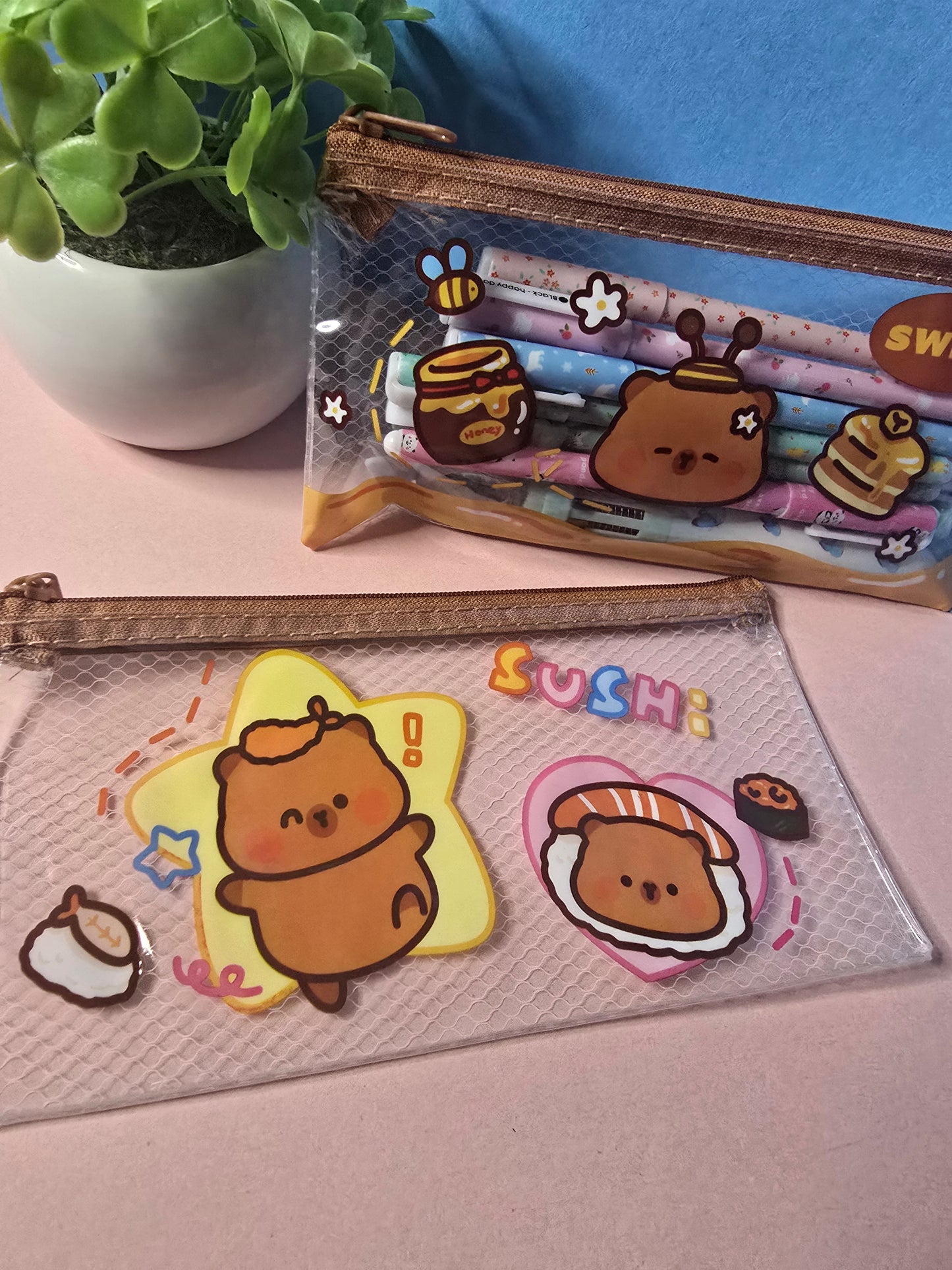 🐻 Kawaii Bear Transparent Pencil Case Random – Cute Zipper Pouch for School & Office ✨