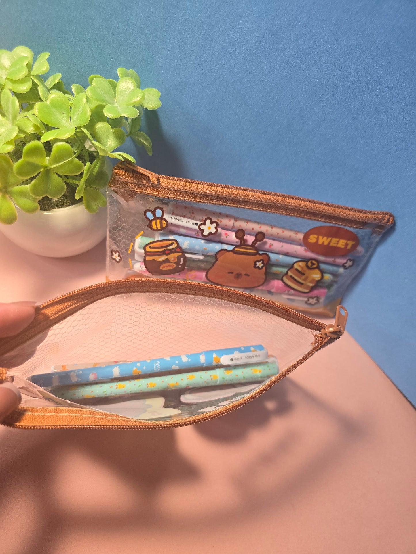 🐻 Kawaii Bear Transparent Pencil Case Random – Cute Zipper Pouch for School & Office ✨