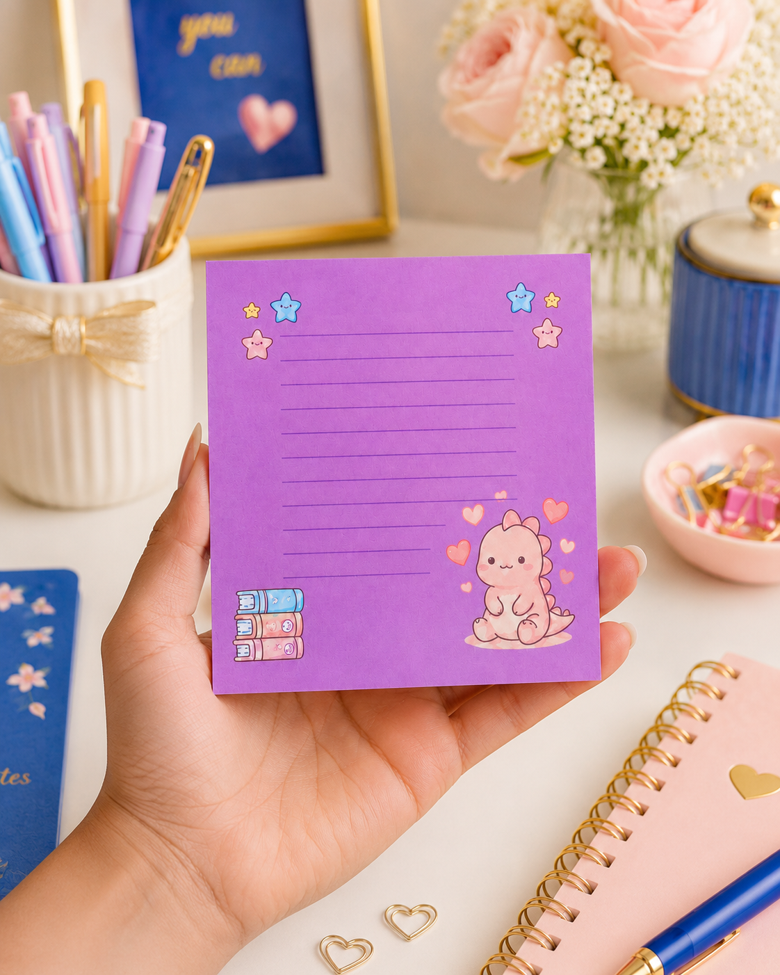 Kawaii Purple Dinosaur Notepad – 3.5 × 3.5 Inch Lined Memo Pad