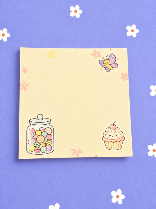 Bloc-notes gourmand kawaii 3,5 x 3,5 po – 50 feuilles – Bonbons, cupcake et papillon – Papeterie mignonne